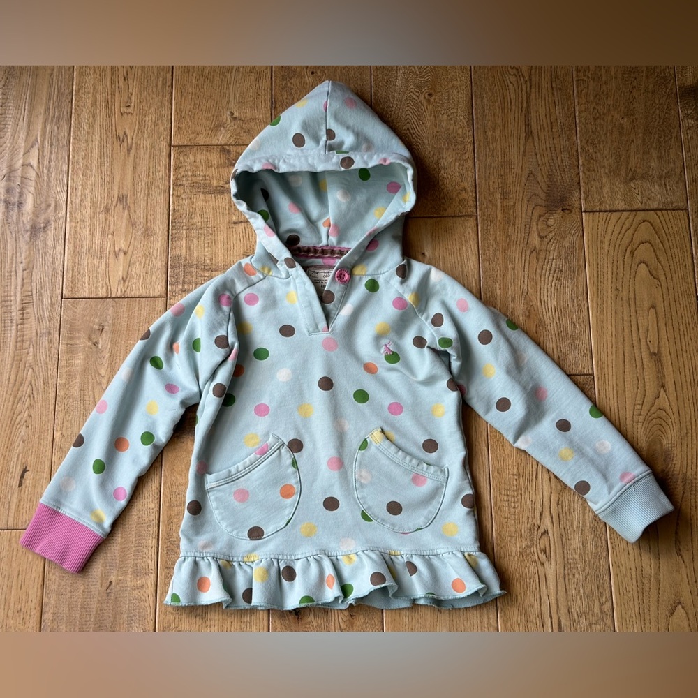 Joules Polka Dot Hoodie Pullover Sweatshirt with Ruffle Hem size 4